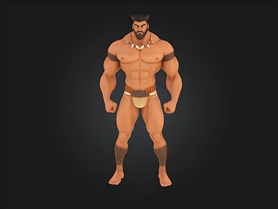 Muscular Shirtless Man With Necklace Leather Loincloth And Arm Leg Decorations Standing Strong 3d model