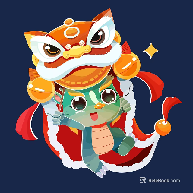 Cartoon Chinese Style Lion Dance Dragon With Red Bells On Blue Background 3d model 