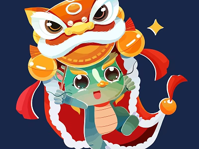 Cartoon Chinese Style Lion Dance Dragon With Red Bells On Blue Background 3d model