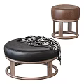 Brown Black Leather And Beige Grey Suede Round Stools With Wooden Base And Blanket
