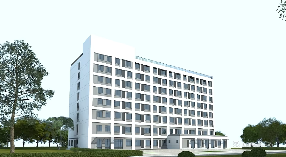 Modern White Multi Story School Building With Many Windows And Green Trees Lawn 3d model 