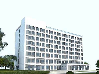 Modern White Multi Story School Building With Many Windows And Green Trees Lawn 3d model