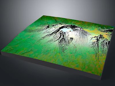 3D Terrain Model Visualization With Green Yellow Terrain And Snow Capped Mountains 3d model