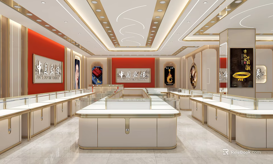 Luxurious Jewelry Store Interior With Red Backdrop Wall And Display Counters 3d model 