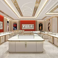 Luxurious Jewelry Store Interior With Red Backdrop Wall And Display Counters 3d model
