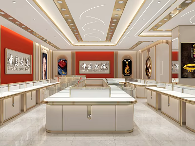 Luxurious Jewelry Store Interior With Red Backdrop Wall And Display Counters 3d model