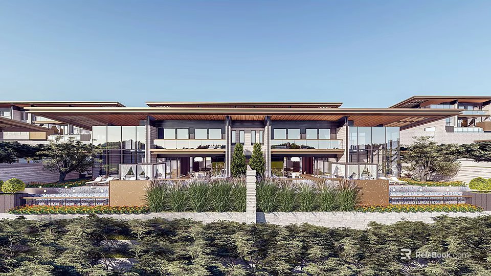 Modern Townhouse Exterior With Large Glass Windows Flat Roof And Landscaped Greenery 3d model 