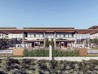 Modern Townhouse Exterior With Large Glass Windows Flat Roof And Landscaped Greenery 3d model