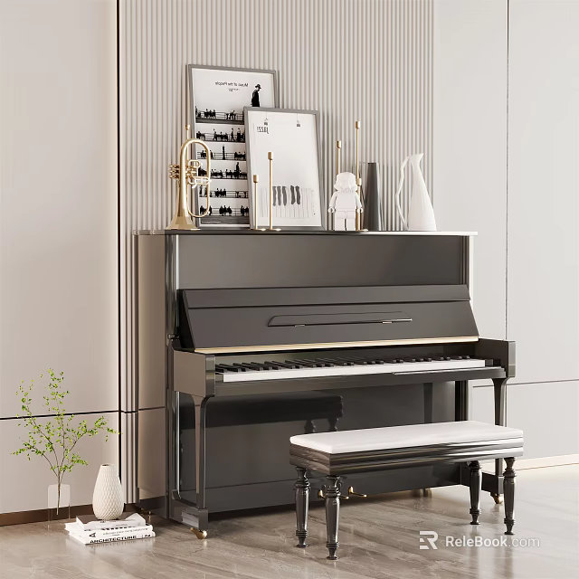 Stylish Display of Piano and Art Supplies with Brushes Paints Easels and Drawing Tools 3d model 