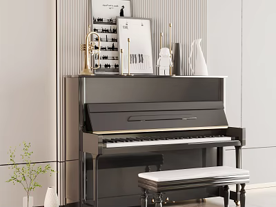 Stylish Display of Piano and Art Supplies with Brushes Paints Easels and Drawing Tools 3d model