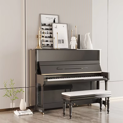 Stylish Display of Piano and Art Supplies with Brushes Paints Easels and Drawing Tools 3d model
