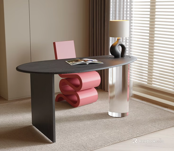 Modern Interior Black Oval Table With Pink Unique Design Chair And Magazine Table Lamp 3d model 