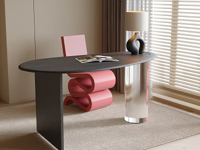 Modern Interior Black Oval Table With Pink Unique Design Chair And Magazine Table Lamp 3d model