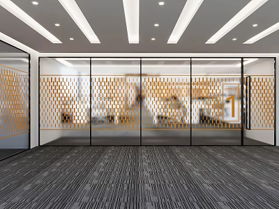 Modern Public Office Space Featuring Glass Partitions Golden Patterns Ceiling Light Strips Dark Striped Carpet 3d model