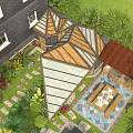 Contemporary Garden Landscape With Glass Shelter Wooden Table Stone Path And Flower Beds