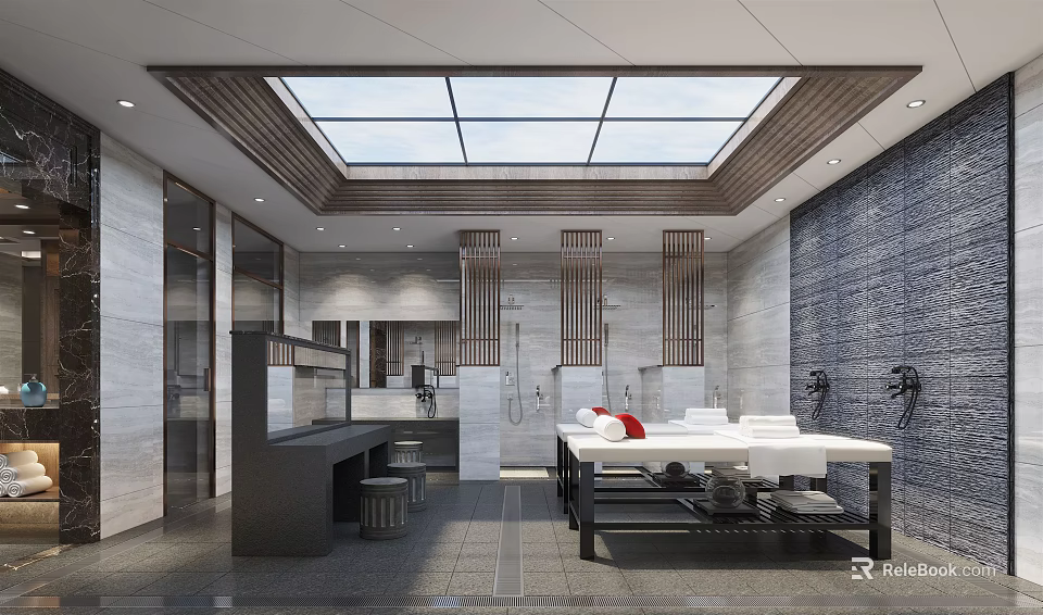 Modern SPA Sauna Interior With Skylight Stone Wall And Massage Bed 3d model