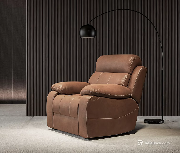 Brown Leather Single Sofa With Black Arc Floor Lamp And Dark Wooden Wall 3d model 