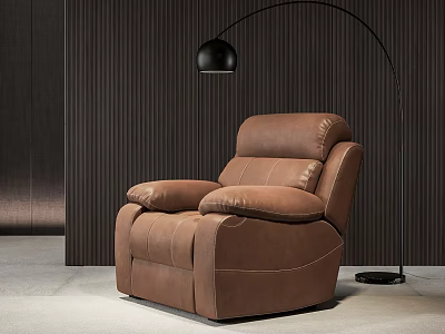 Brown Leather Single Sofa With Black Arc Floor Lamp And Dark Wooden Wall 3d model