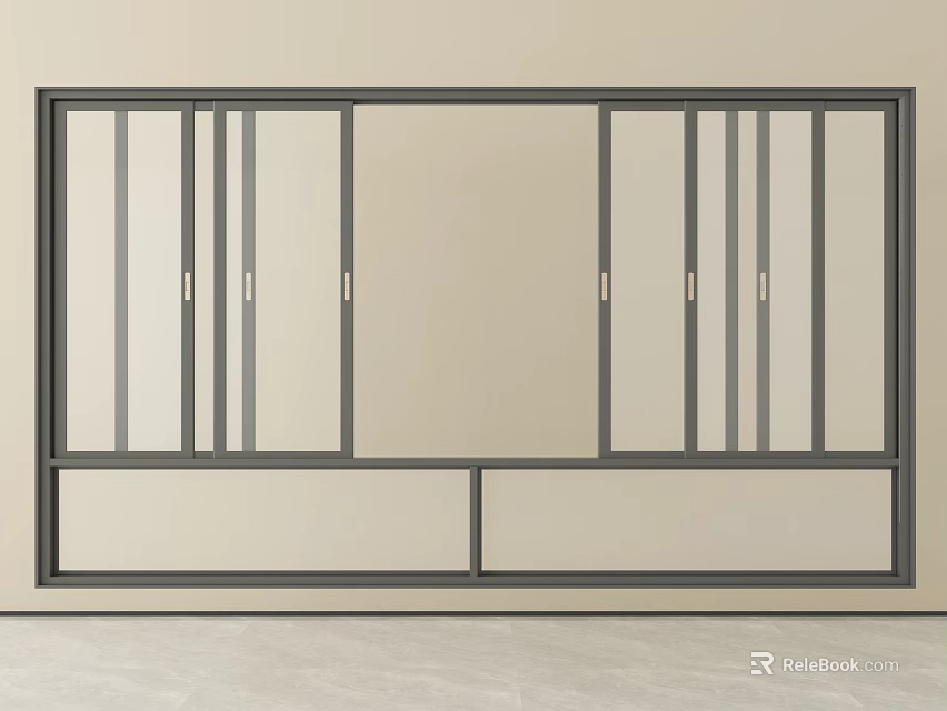 Modern Sliding Doors With Metal Frame Glass Panels And Lower Drawers 3d model 
