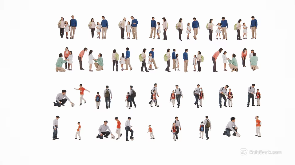 Group of People in Various Poses Including Adults and Children Interacting Together 3d model 