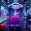 Modern KTV Interior Design With Neon Lights Mirrored Walls Bar Counter And Comfortable Sofas