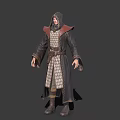 Game Film Character In Hooded Blue Robe With Gold Trim White Undergarment And Brown Boots