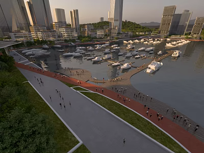 Aerial Planning of Urban Waterfront Yacht Marina With High Rise Buildings and Green Promenade 3d model