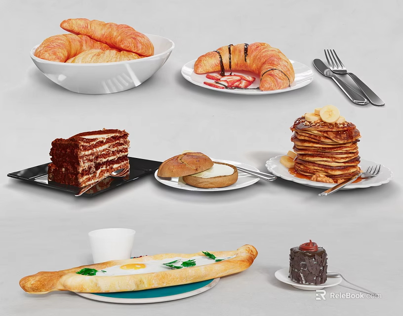Delicious Assorted Food Platter With Croissants Pancakes Cake Burger And Fried Egg 3d model 