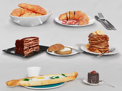 Delicious Assorted Food Platter With Croissants Pancakes Cake Burger And Fried Egg 3d model