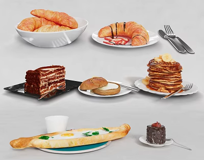 Delicious Assorted Food Platter With Croissants Pancakes Cake Burger And Fried Egg 3d model