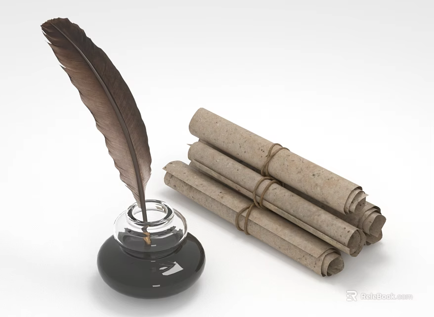 Vintage Quill Pen With Inkwell And Rolled Ancient Scrolls On White Background 3d model 