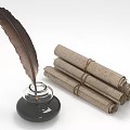 Vintage Quill Pen With Inkwell And Rolled Ancient Scrolls On White Background