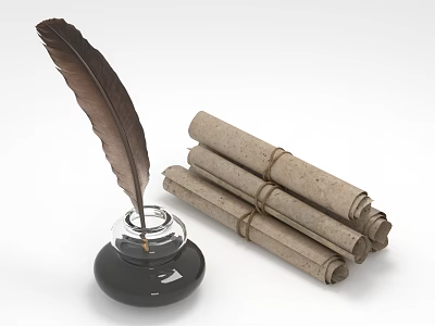 Vintage Quill Pen With Inkwell And Rolled Ancient Scrolls On White Background 3d model