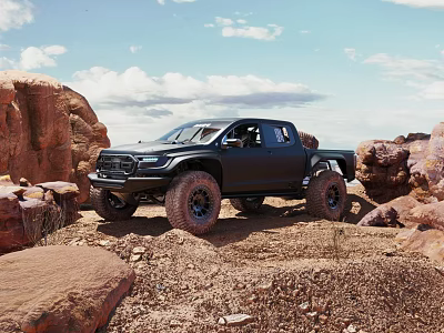 Scenic Rocky Landscape With Red Rocks Blue Sky And White Clouds Over Sandy Ground 3d model