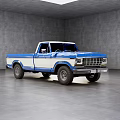 Classic Blue And White Pickup Truck Parked In Gray Interior Space