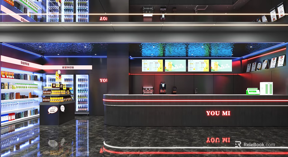 Modern Internet Cafe Interior With Stylish Bar Counter Beverage Display And Multiple Screens 3d model 