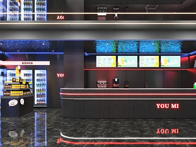 Modern Internet Cafe Interior With Stylish Bar Counter Beverage Display And Multiple Screens 3d model