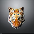 Colorful Tiger Head With Intricate Patterns And Yellow Eyes On Gray Background