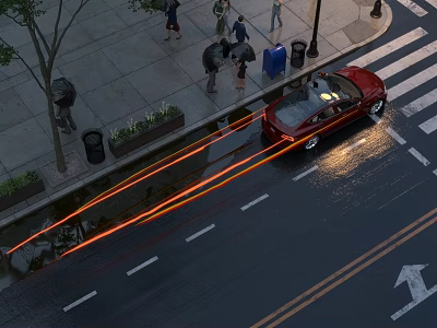 People walking on sidewalk near red car at crosswalk with wet road surface and street lamps 3d model