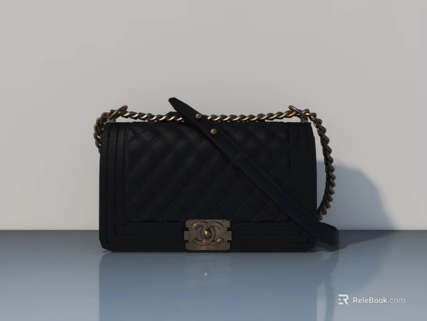 Black Quilted Handbag With Metal Chain Strap And Decorative Clasp On Light Background 3d model 