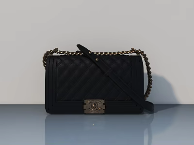 Black Quilted Handbag With Metal Chain Strap And Decorative Clasp On Light Background 3d model