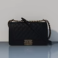 Black Quilted Handbag With Metal Chain Strap And Decorative Clasp On Light Background