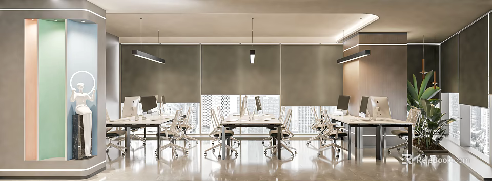 Modern Public Office Space Interior With Desks Ergonomic Chairs Computers And Hanging Lights 3d model 