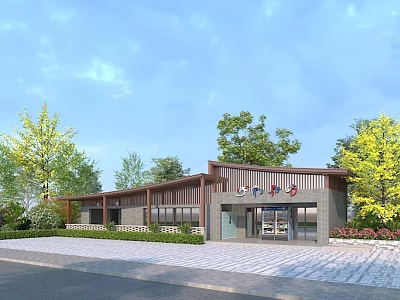Modern Post Station Exterior With Wooden Gray Facade Glass Entrance Stone Pathway And Trees 3d model