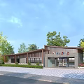 Modern Post Station Exterior With Wooden Gray Facade Glass Entrance Stone Pathway And Trees