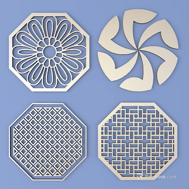 Ornate Lattice Windows Design Featuring Various Floral Pinwheel And Geometric Patterns 3d model 