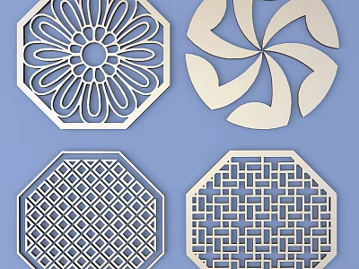 Ornate Lattice Windows Design Featuring Various Floral Pinwheel And Geometric Patterns 3d model