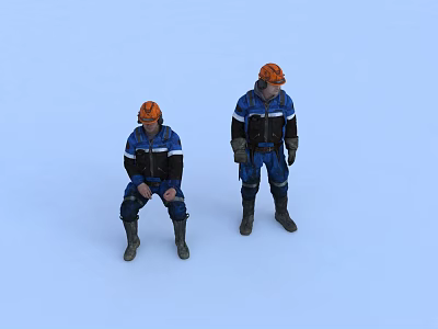 Men In Blue Work Uniforms And Orange Hard Hats Sitting And Standing 3d model
