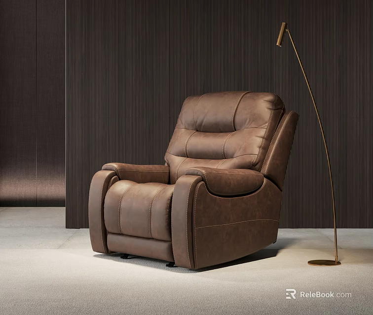 Brown Leather Modern Massage Chair With Floor Lamp And Dark Wooden Wall 3d model 