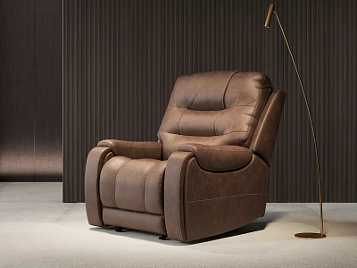 Brown Leather Modern Massage Chair With Floor Lamp And Dark Wooden Wall 3d model